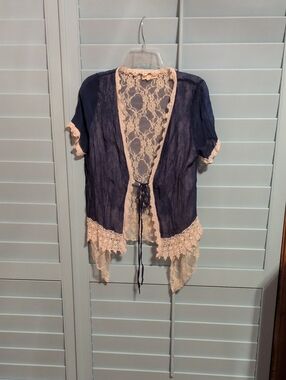 A'Reve Navy Blue and Cream Lace-Trim Sheer Wrap